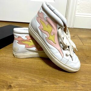 Laurence Decade leather white high top sneakers flames pink beige leather